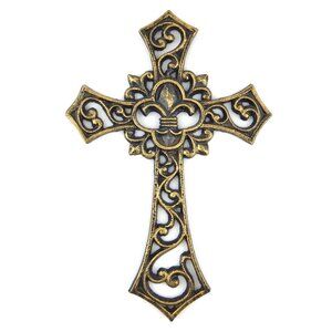 Fleur De Lis Wall Cross Scrolls Rustic Gold Antique Finish Cast Iron 10 1/4 in
